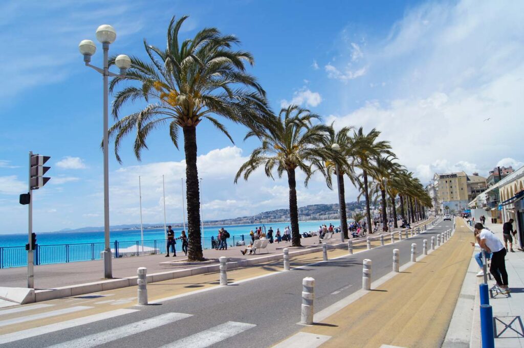 Palmen auf der Promenade des Anglais bei großartigem Wetter